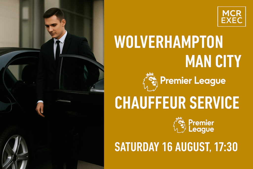 Smart chauffeur opening luxury black vehicle outside modern venue, promoting premium MCR EXEC transport to Wolverhampton v Man City at Molineux Stadium, Saturday 16 August 2025, 17:30.