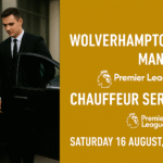 Smart chauffeur opening luxury black vehicle outside modern venue, promoting premium MCR EXEC transport to Wolverhampton v Man City at Molineux Stadium, Saturday 16 August 2025, 17:30.