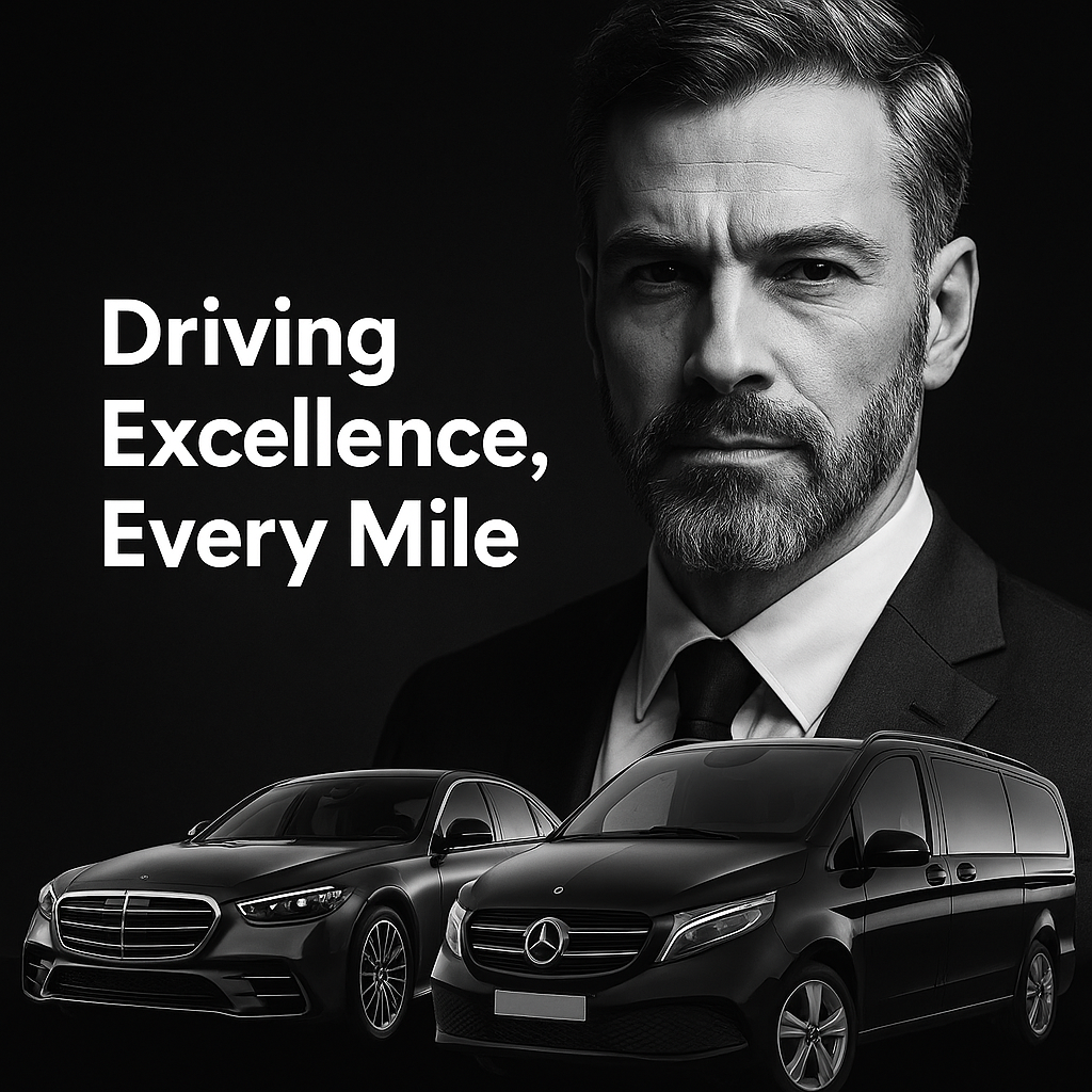 Professional chauffeur in suit with Mercedes S-Class and V-Class vehicles, showcasing MCR EXEC luxury fleet with the slogan “Driving Excellence, Every Mile.