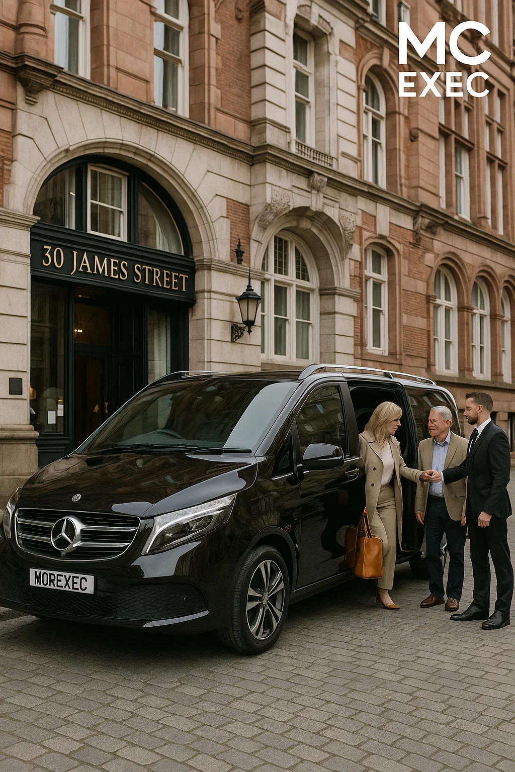 Chauffeur assisting hotel guests into a black Mercedes V-Class outside 30 James Street Hotel Liverpool, preparing for a luxury transfer to Manchester Airport.