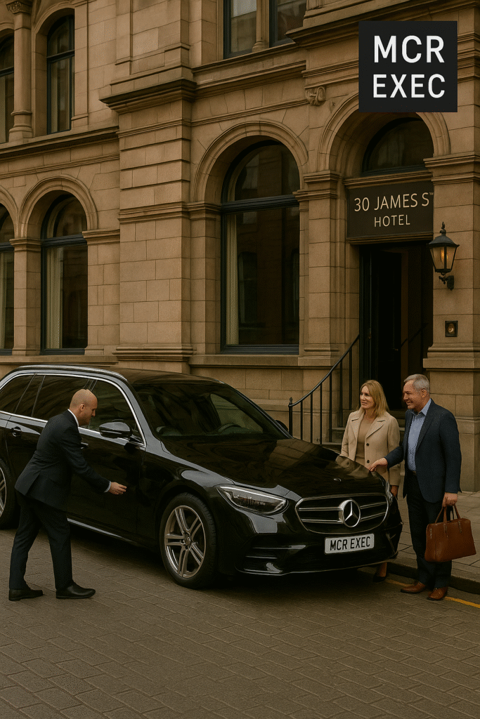 Mercedes S-Class chauffeur outside 30 James Street Hotel Liverpool, providing executive transfer to Manchester Airport with luggage assistance.