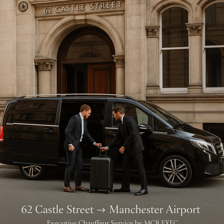 Mercedes V-Class chauffeur outside 62 Castle Street Hotel Liverpool, providing executive transfer to Manchester Airport.