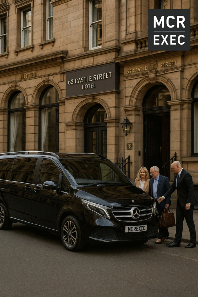 Mercedes V-Class chauffeur outside 62 Castle Street Hotel in Liverpool, assisting hotel guests with luggage for a luxury transfer to Manchester Airport.