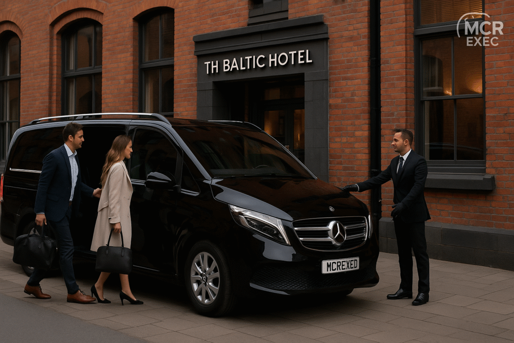 Mercedes V-Class with MCR EXEC chauffeur outside The Baltic Hotel Liverpool, passengers boarding for Manchester Airport transfer.