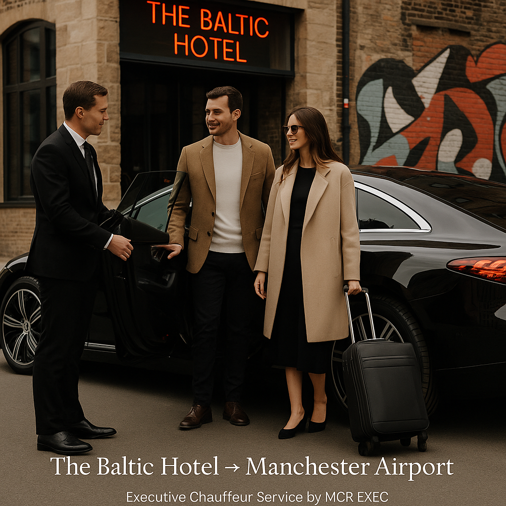 Mercedes EQS chauffeur outside The Baltic Hotel Liverpool, providing luxury transfer to Manchester Airport with professional chauffeur service.