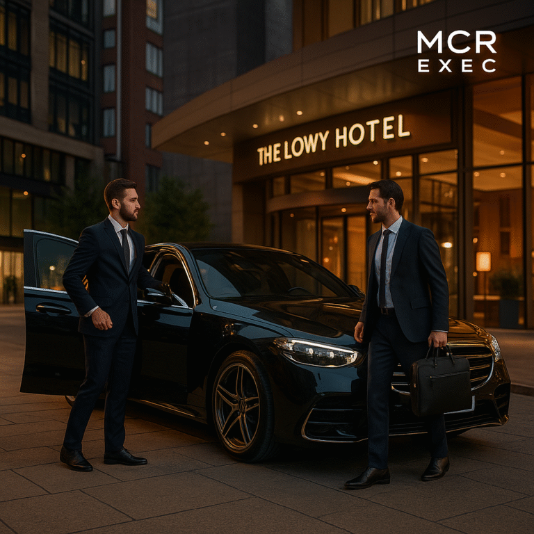 MCR EXEC chauffeur opening Mercedes S-Class outside The Lowry Hotel in Manchester for a business traveller.