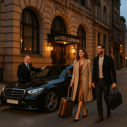 Ultra HD image of MCR-EXEC Mercedes S-Class chauffeur service outside Hotel Gotham, Manchester. A professional chauffeur assists stylish travellers with luggage at this boutique hotel, representing luxury transfers, executive travel, and MCR-EXEC’s premium chauffeur services in Manchester.