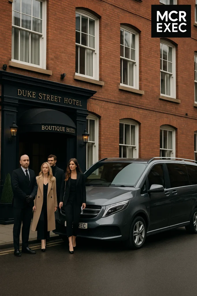 MCR EXEC chauffeur with Mercedes V-Class outside Duke Street Boutique Hotel Liverpool, assisting stylish passengers preparing for Manchester Airport transfer.