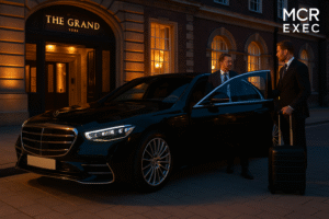 MCR EXEC chauffeur with Mercedes S-Class outside Grand Hotel York, preparing for transfer to Manchester Airport.