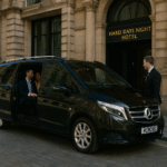 Mercedes V-Class with MCR EXEC chauffeur outside Hard Days Night Hotel Liverpool with passengers preparing for Manchester Airport transfer.