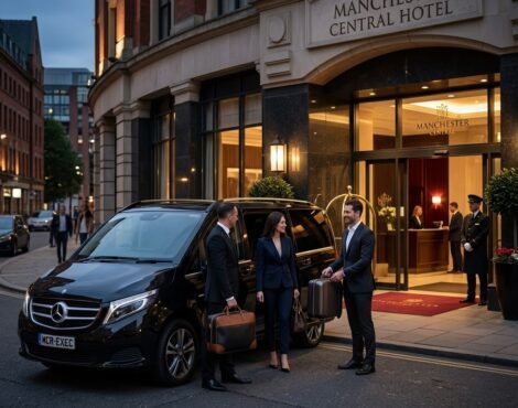 Hotel Chauffeur Services with a black Mercedes V-Class, black vehicle, MCR EXEC number plate, arriving outside a luxury Manchester hotel with a chauffeur assisting premium guests with luggage