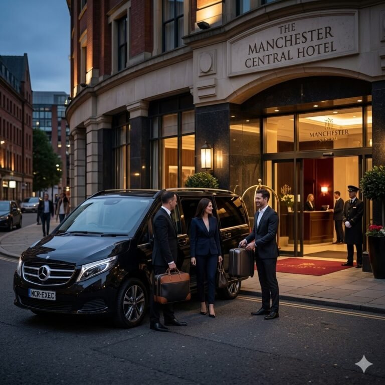 Hotel Chauffeur Services with a black Mercedes V-Class, black vehicle, MCR EXEC number plate, arriving outside a luxury Manchester hotel with a chauffeur assisting premium guests with luggage
