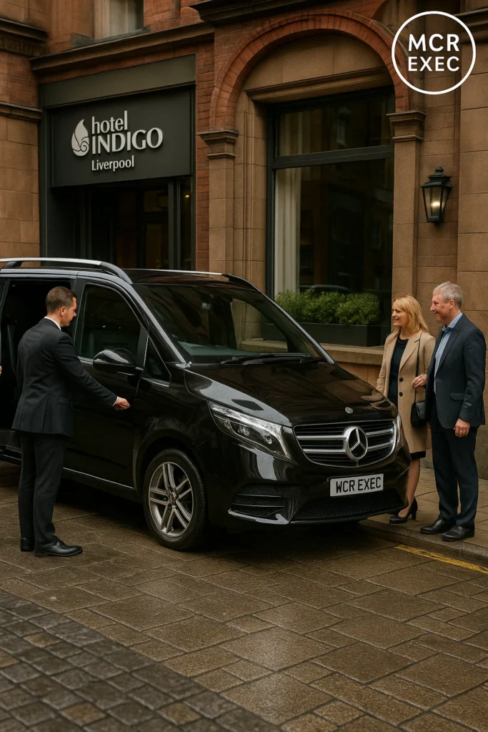 Professional chauffeur opening a Mercedes V-Class for hotel guests outside Hotel Indigo Liverpool, providing luxury transfer to Manchester Airport.