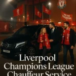 Mercedes V-Class chauffeur outside Anfield Stadium on a Champions League night, transporting Liverpool fans and VIPs to the match.