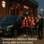 Chauffeur-driven Mercedes V-Class outside Anfield, transporting Liverpool and Atlético Madrid fans for the September 2025 European match.