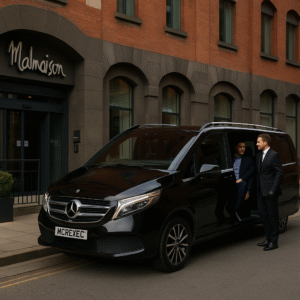 Mercedes V-Class with MCR EXEC chauffeur outside Malmaison Liverpool, passenger boarding for Manchester Airport transfer. Malmaison Liverpool Chauffeur to Manchester Airport