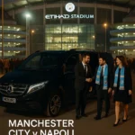 Chauffeur-driven Mercedes V-Class outside the Etihad Stadium for Manchester City vs Napoli, assisting football fans arriving for the September 2025 European match.