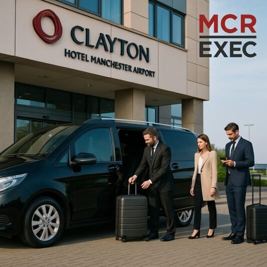 MCR-EXEC chauffeur service with a black Mercedes V-Class outside Clayton Hotel Manchester Airport, assisting business travellers with luggage.