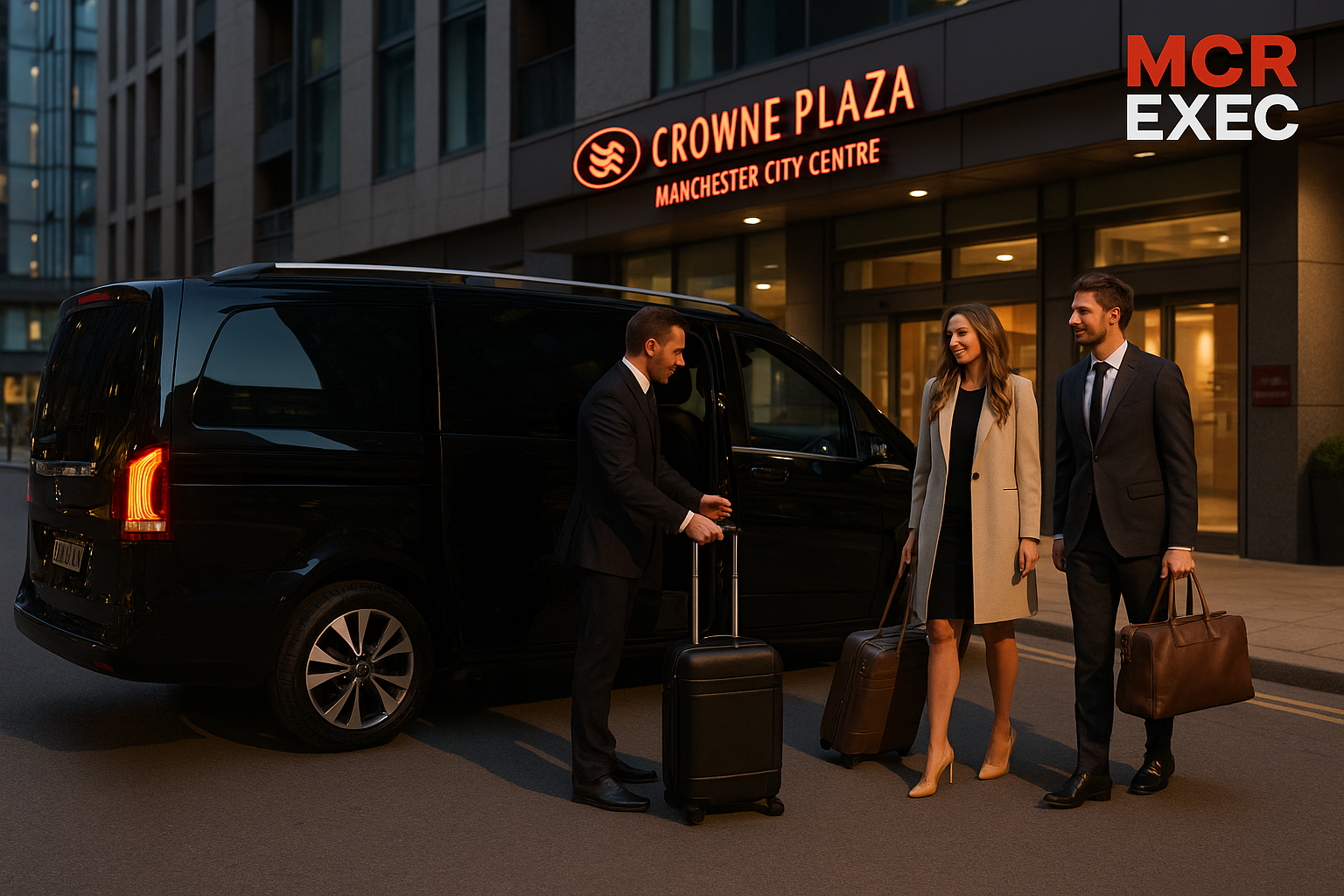 Ultra HD image of MCR-EXEC chauffeur with Mercedes V-Class outside Crowne Plaza Manchester City Centre, assisting travellers with luggage. Executive transfers for business and leisure guests.