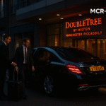 Ultra HD image of MCR-EXEC chauffeur with Mercedes S-Class outside DoubleTree by Hilton Manchester Piccadilly, assisting a traveller with luggage for executive transfers.