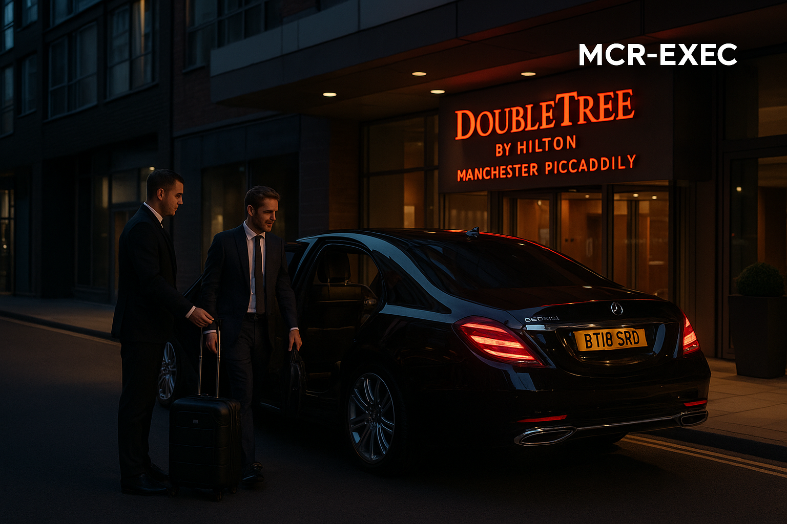 Ultra HD image of MCR-EXEC chauffeur with Mercedes S-Class outside DoubleTree by Hilton Manchester Piccadilly, assisting a traveller with luggage for executive transfers.