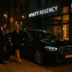 Ultra HD image of MCR-EXEC chauffeur with Mercedes S-Class outside Hyatt Regency Manchester, assisting a traveller with luggage. Premium executive chauffeur transfers for hotel guests.