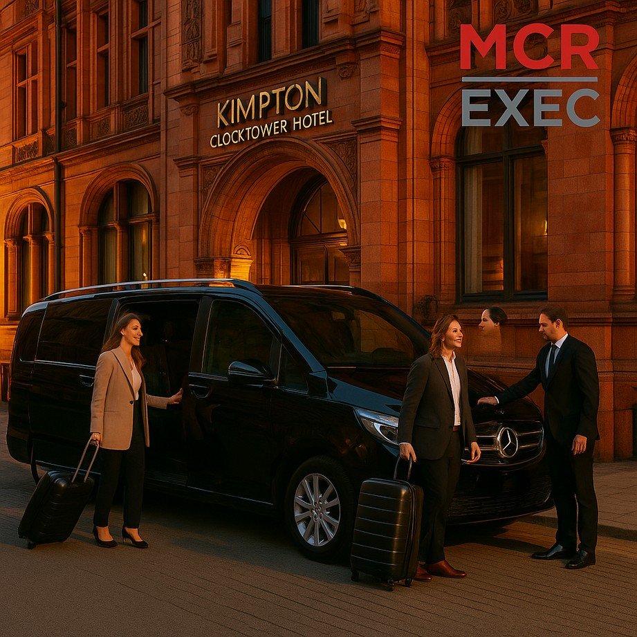 MCR-EXEC chauffeur service with a black Mercedes V-Class outside Kimpton Clocktower Hotel Manchester, assisting a couple with luggage under the warm evening light.