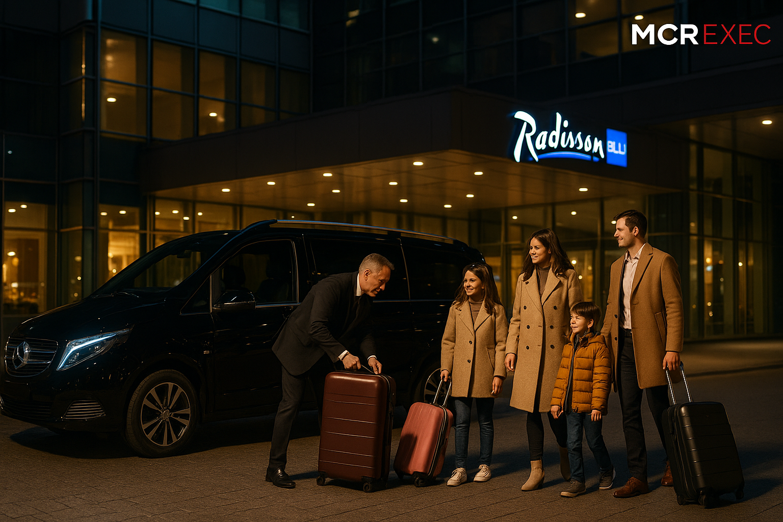 Ultra HD image of MCR-EXEC chauffeur with Mercedes V-Class outside Radisson Blu Manchester Airport hotel, assisting a family with luggage before travel. Luxury chauffeur service to and from Manchester Airport Hotels.