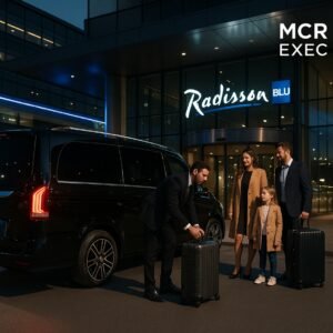 Ultra HD image of MCR-EXEC chauffeur with Mercedes V-Class outside Radisson Blu Manchester Airport, assisting a family with luggage for seamless airport hotel transfers.