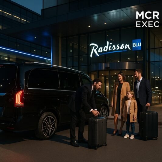 Ultra HD image of MCR-EXEC chauffeur with Mercedes V-Class outside Radisson Blu Manchester Airport, assisting a family with luggage for seamless airport hotel transfers.