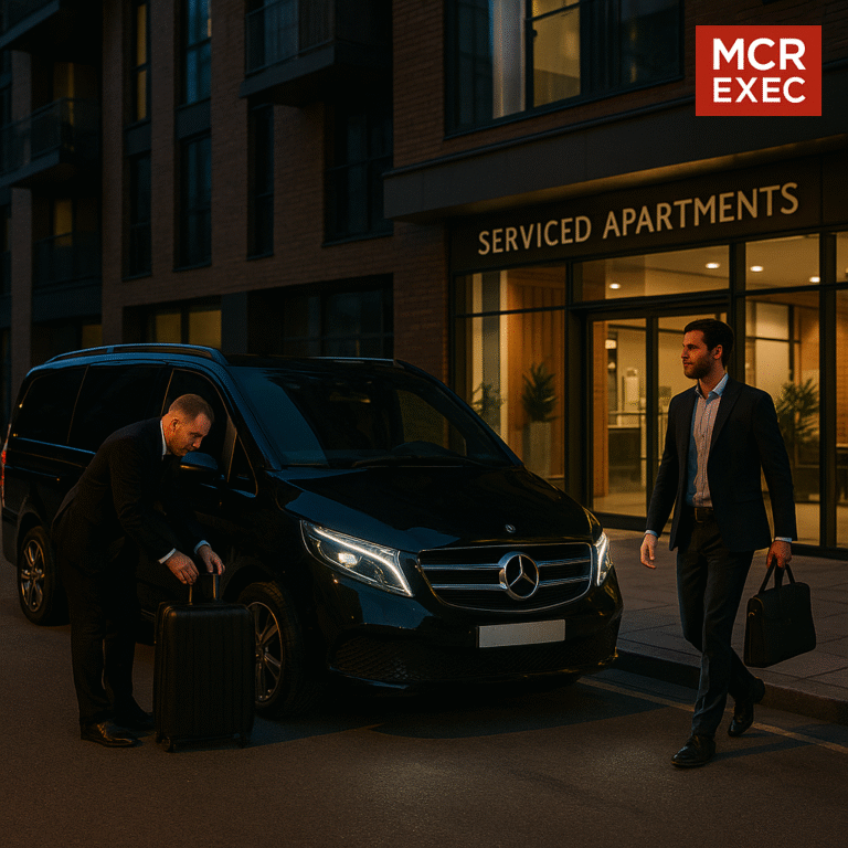 Ultra HD image of MCR-EXEC chauffeur with Mercedes V-Class outside serviced apartments in Manchester, unloading luggage for a business traveller. Luxury executive transport for corporate stays and extended visits.