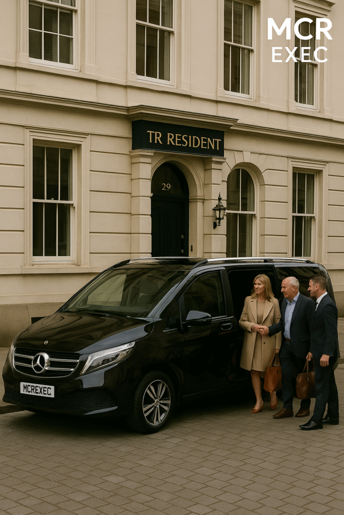 Luxury Mercedes V-Class with MCREXEC plate outside The Resident Liverpool, chauffeur assisting hotel guests with luggage before transfer to Manchester Airport.