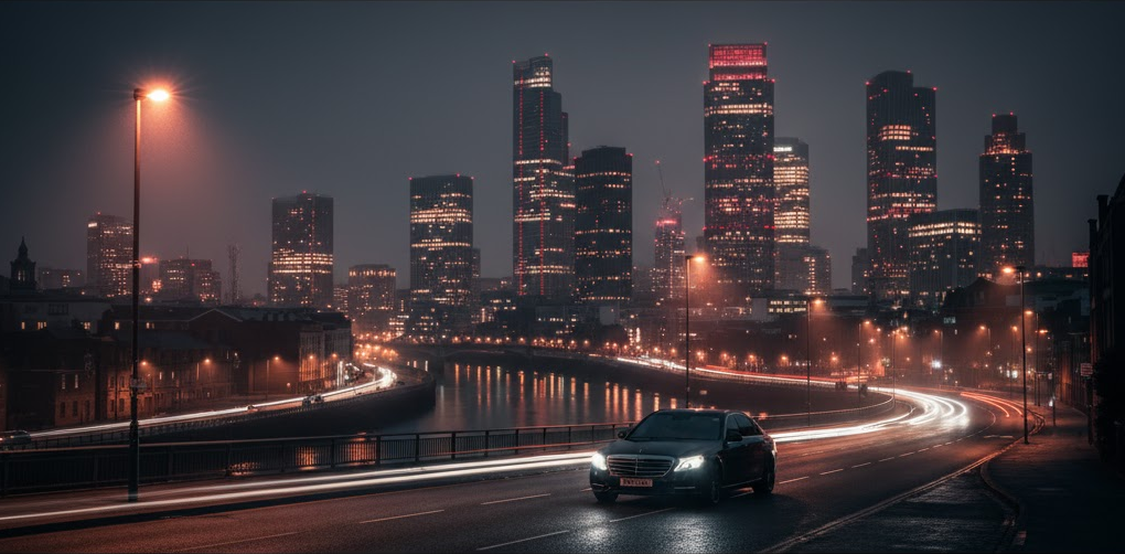 Ultra HD image of Manchester’s skyline at night, featuring a sleek black Mercedes S-Class with MCR-EXEC number plate driving along a curved riverside road under glowing amber streetlights. The illuminated skyscrapers of Beetham Tower and Deansgate Square shimmer against the misty sky, reflecting on wet streets and the River Irwell, symbolising luxury and executive travel in the heart of Manchester.