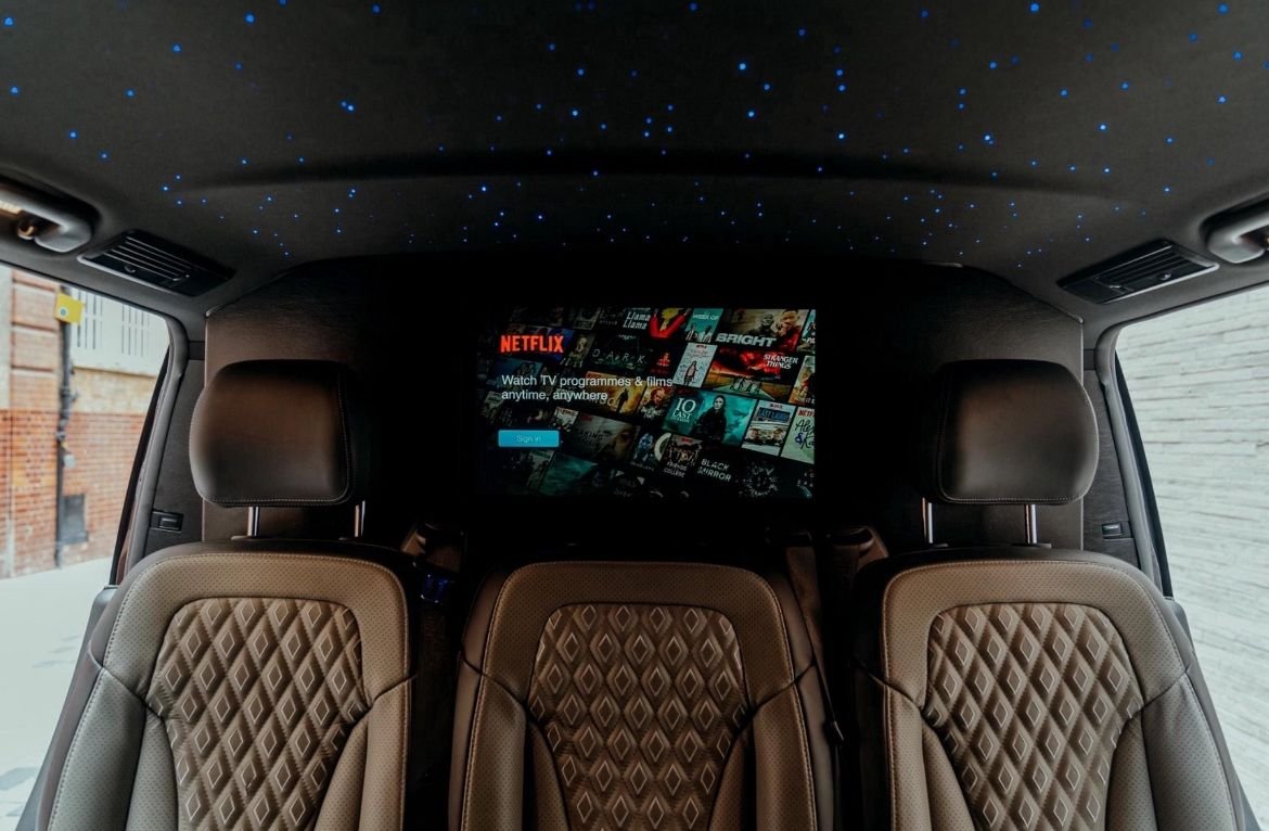 Customised V-Class interior with diamond-stitched seating and starlight-style roof