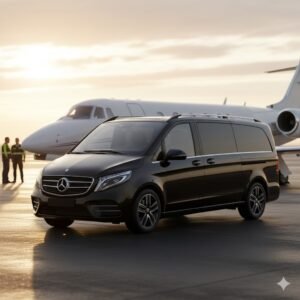 Black Mercedes V-Class beside a private jet at sunrise, illustrating MCR EXEC’s corporate and FBO chauffeur transfers.