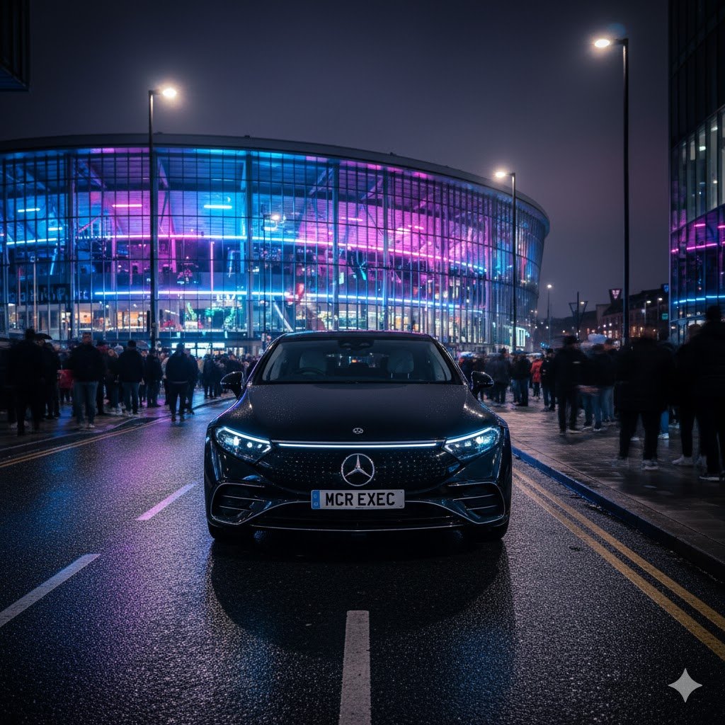 Manchester Airport VIP chauffeur service with 2025 black Mercedes S-Class by MCR EXEC featuring MCR-EXEC number plate positioned outside terminal