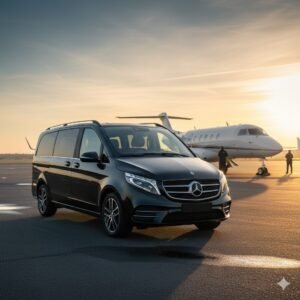Mercedes V-Class MPV parked beside a private jet at sunrise on the airport tarmac, representing MCR-EXEC’s premium airport and FBO chauffeur service in Manchester.