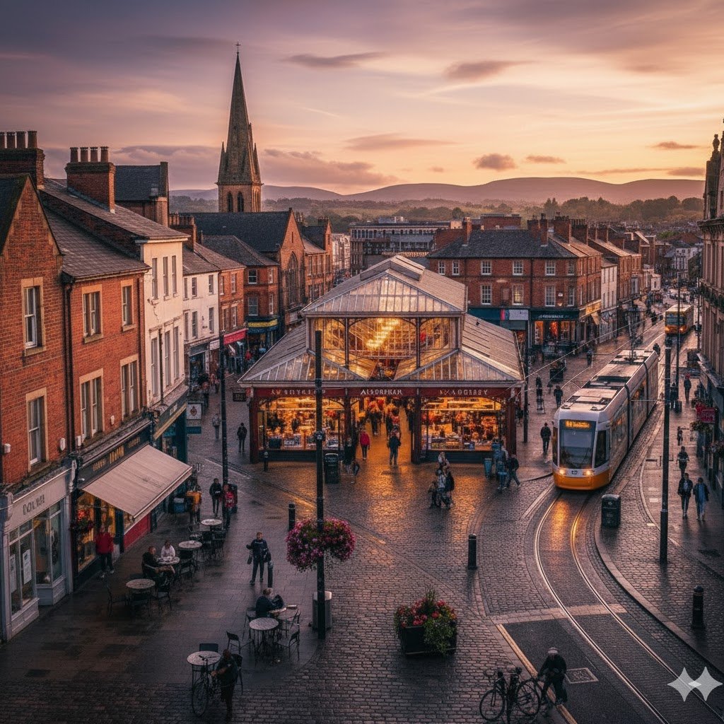 Sunset view of Altrincham town centre with a modern tram passing through cobbled streets beside the glass-roofed Altrincham Market Hall. A black 2025 Mercedes V-Class from MCR-EXEC, with MCR-EXEC number plate, is parked nearby as the chauffeur waits for clients enjoying café terraces.