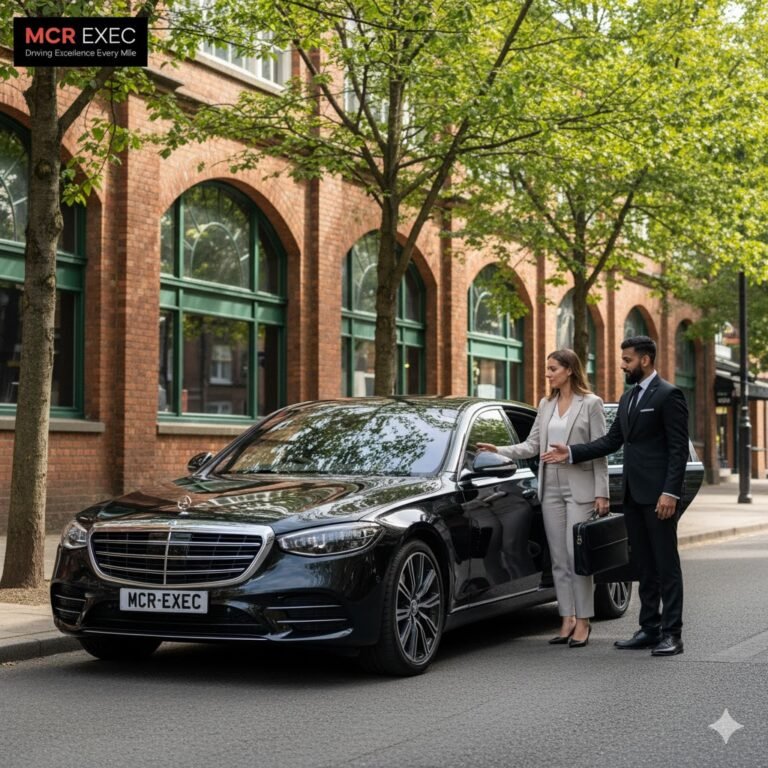 Mercedes S-Class with MCR-EXEC plate parked near Altrincham Market House as a chauffeur opens the door for a client under clear daylight. Altrincham Executive Transfers