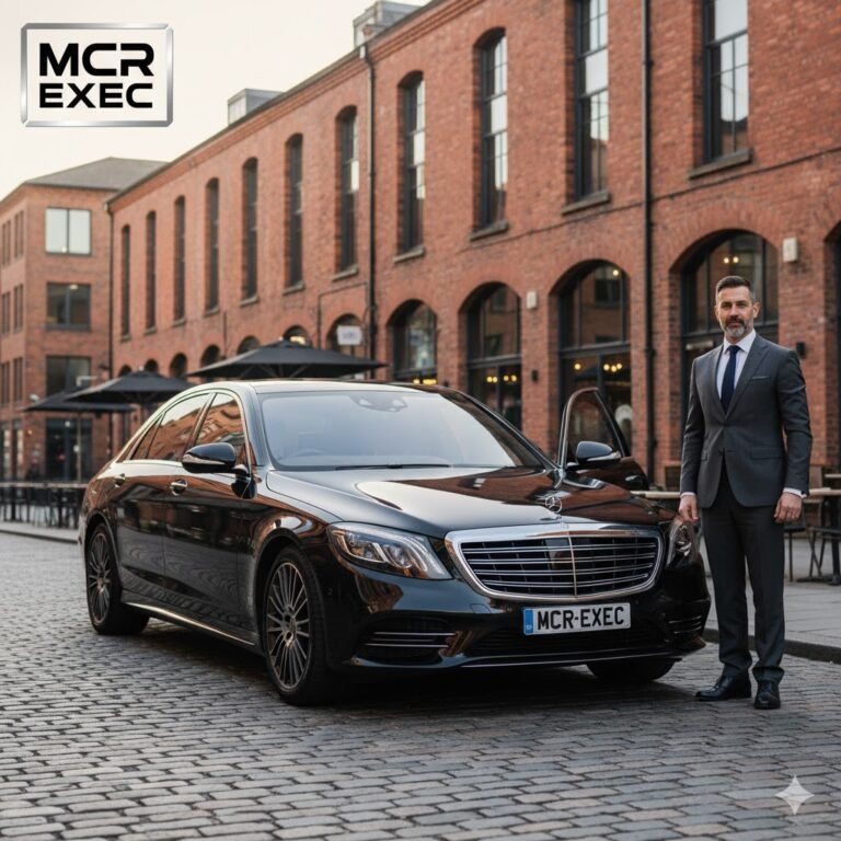 Black Mercedes S-Class chauffeur vehicle with MCR-EXEC number plate parked in Ancoats, Manchester, representing MCR EXEC luxury chauffeur services.