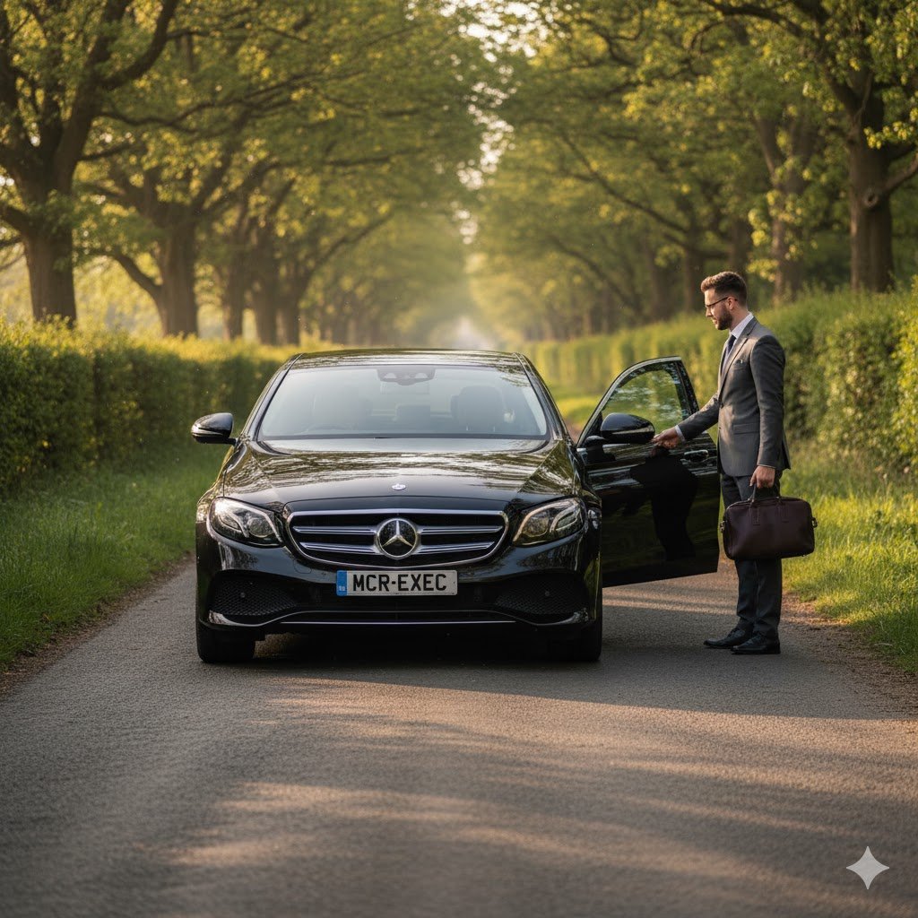 Appleton Chauffeur Services – 2025 Mercedes E-Class by MCR EXEC on countryside road with chauffeur assisting passenger in morning light.