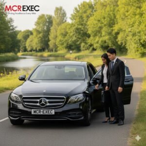 Ashton-upon-Mersey Executive Transport by MCR EXEC featuring a black Mercedes E-Class with MCR-EXEC plate beside Bridgewater Canal, chauffeur greeting a client