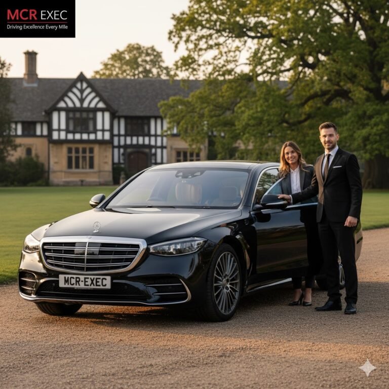 Black Mercedes S-Class 2025 chauffeur vehicle with MCR-EXEC plate outside Bramhall Park House for Bramhall Executive Transfers by MCR EXEC.
