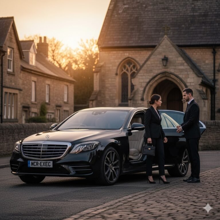 Chauffeur Hire Walshaw by MCR EXEC – black Mercedes S-Class parked near Christ Church Walshaw, chauffeur assisting a businesswoman under warm sunset light, symbolising professional airport transfers, corporate travel, and luxury chauffeur service in Walshaw and Bury.