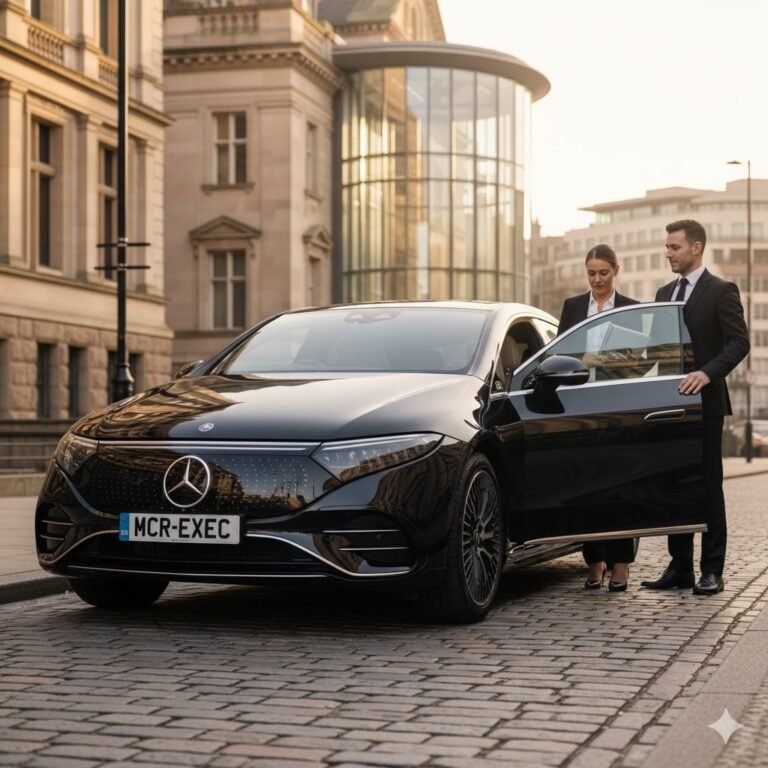 Chauffeur Service Chesham by MCR EXEC – black Mercedes EQE near Bury Town Hall, chauffeur assisting executive passenger in golden light, showcasing airport transfers, business travel, and professional chauffeur service across Chesham, Bury, and Manchester.