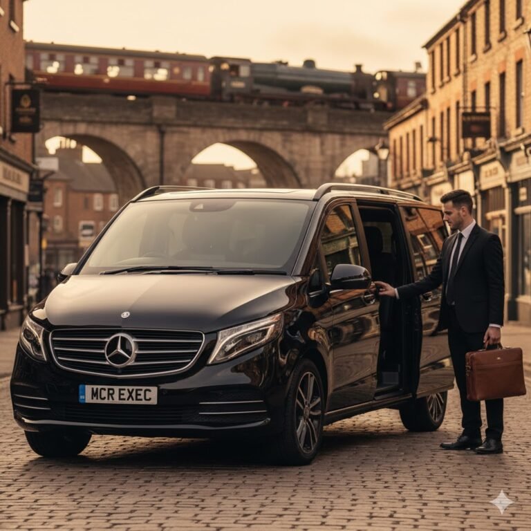 Chauffeur Service Ramsbottom by MCR EXEC – a black Mercedes V-Class parked on Bolton Street as a professional chauffeur assists a business traveller with luggage, with East Lancashire Railway in background, promoting airport and corporate transfers across Ramsbottom and Greater Manchester.