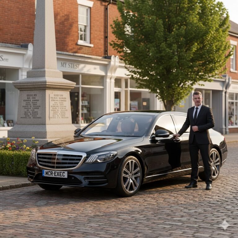 Chauffeur Service Tottington by MCR EXEC – luxury black Mercedes S-Class parked beside Tottington War Memorial, chauffeur holding open door for passenger under warm daylight, showcasing airport transfers, business travel, and professional executive transport across Tottington, Bury, and Manchester.