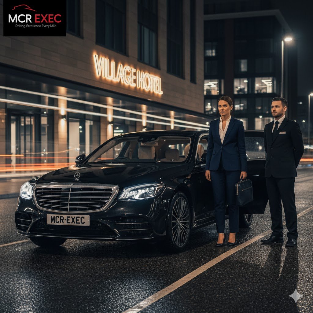 An ultra-detailed night-time image showing a black Mercedes S-Class 2025 with a distinctive MCR-EXEC number plate, positioned outside the Village Hotel in Cheadle Hulme. A female executive passenger, elegantly dressed in a navy business suit, steps gracefully from the vehicle holding a leather laptop bag, while her chauffeur—wearing a tailored black uniform without hat or gloves—stands attentively beside the open rear door. The warm glow of hotel signage and reflections from nearby offices highlight the refined professionalism of Cheadle Hulme Corporate Chauffeur Travel by MCR EXEC, symbolising punctuality, discretion, and elite service standards across Stockport and Greater Manchester.