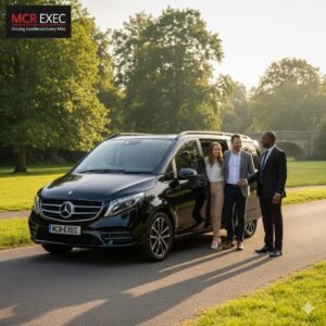 Black Mercedes V-Class 2025 with MCR-EXEC plate near Bruntwood Park for Cheadle Luxury Chauffeur Hire by MCR EXEC.