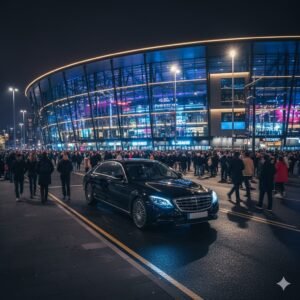 Black Mercedes EQS saloon from MCR-EXEC parked outside a brightly lit arena in Manchester at night, surrounded by event crowds attending a concert or football match.